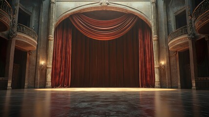 Elegant theater stage with rich red curtains, featuring polished wooden floor and ornate architecture, perfect for performances.