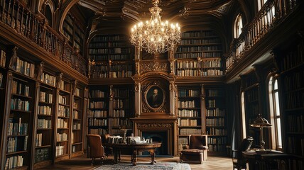 Elegant vintage library with wooden shelves, antique furniture, and a stunning chandelier creating a serene reading environment.