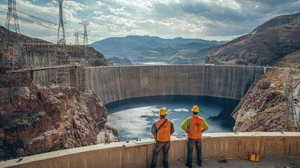 Engineers inspecting a dam with a scenic view. Their expertise ensures safety and efficiency in hydroelectric power generation.