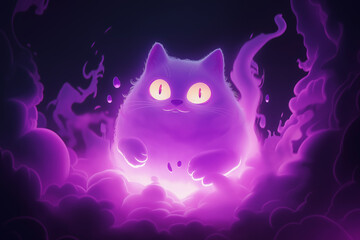 whimsical cartoon ghost cat with wide glowing eyes emerges from mystical purple mist, creating enchanting and playful atmosphere