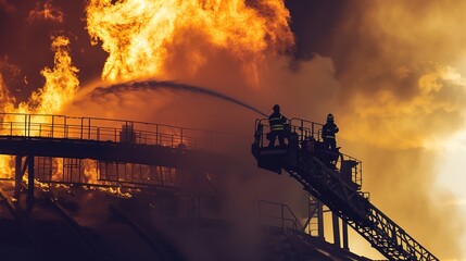 Industrial chemical tank engulfed in flames with thick black smoke, firefighters in protective gear battling the blaze at dusk, highlighting the urgency and danger of the situation.