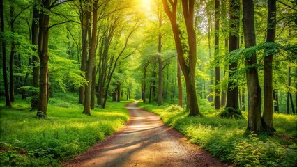 Sunbeams filtering through lush foliage, illuminating a winding path through the forest