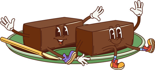 Cartoon retro groovy Japanese yokan dessert characters, vector funny sweet pastry. Groovy funky yokan confection or Japanese marmalade sweets with funky faces for freaky quirky dessert character