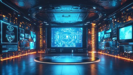 Fototapeta premium Futuristic digital control room with glowing screens, advanced technology, and a sleek design, ideal for sci-fi and tech projects.