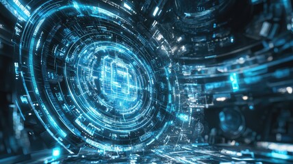 Futuristic digital background featuring vibrant blue lights and intricate patterns, ideal for technology and sci-fi themes.