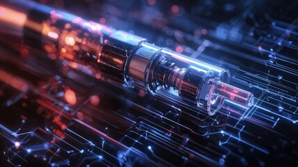 Futuristic technological design featuring a mechanical component with glowing lines and vibrant colors, ideal for innovation concepts.