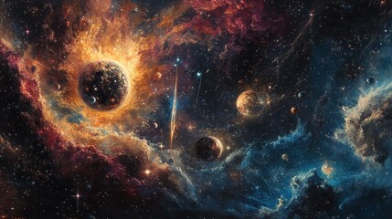 Cosmic Landscape with Nebula, Planets, and Stars
