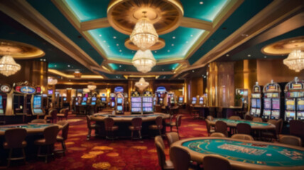 Abstract blur image of casino and gambling room interior for background usage.