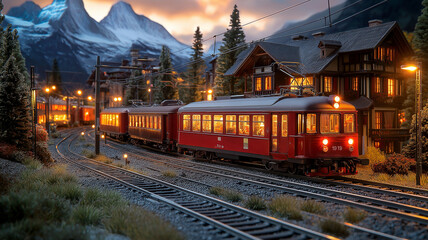 A charming red train travels through scenic mountain village at dusk, creating warm atmosphere