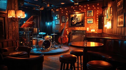 Intimate jazz club interior with cozy lighting, musical instruments, and elegant decor, perfect for live performances and gatherings.