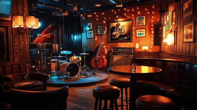 Intimate jazz club interior with cozy lighting, musical instruments, and elegant decor, perfect for live performances and gatherings.