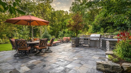 Obraz premium Inviting outdoor patio with grill, dining set, and lush greenery, perfect for gatherings and alfresco dining.