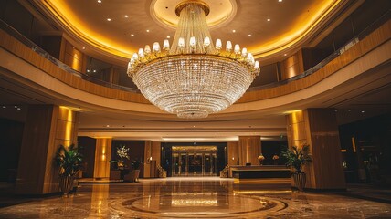 Obraz premium Luxurious hotel lobby featuring a stunning chandelier and elegant decor, creating a warm and inviting atmosphere.