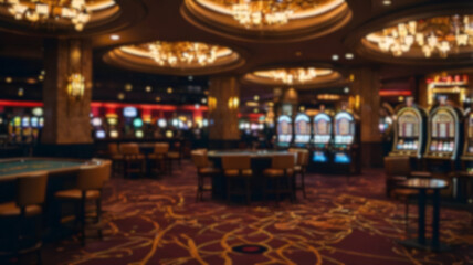 Abstract blur image of casino and gambling room interior for background usage.