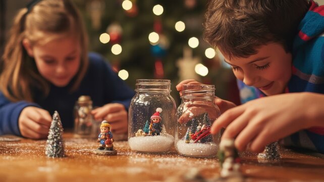 Children Creating DIY Snow Globes with Miniature Figures