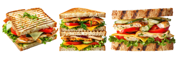 Sandwich with chicken cheese and salad isolated on transparent background