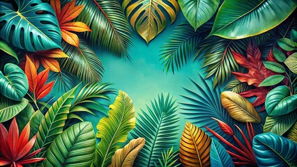 Naklejka premium Tropical Leaf Frame with Vibrant Hues and a Teal Background