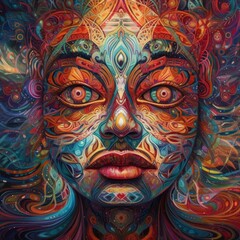 A vibrant, abstract portrait featuring intricate patterns and colors.