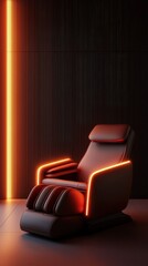 Stylish reclining chair with modern design and orange neon accents against a dark wall, perfect for relaxation and home decor.