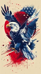Obraz premium Dynamic and colorful illustration of a bald eagle in flight with an American flag backdrop, symbolizing freedom and patriotism.