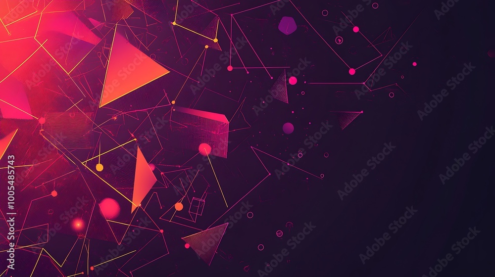 Poster Abstract geometric background with glowing triangles and lines in red and pink hues.