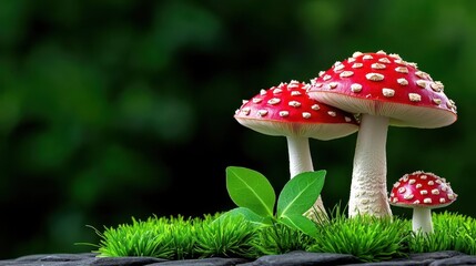 A photostock images of various mushrooms in a field with vibrant greenery and small wildflowers