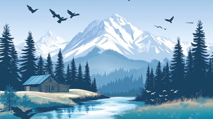 A small cabin nestled in a forest with a river flowing past and snow-capped mountains in the background.