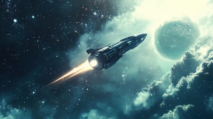 Obraz premium Spaceship Soaring Through Cosmic Clouds and Stars