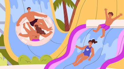 Vector illustration of male and female characters riding water slides in aqua park.