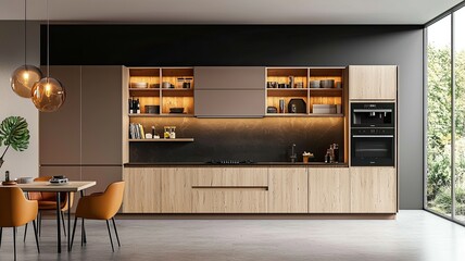 Modern kitchen interior featuring sleek cabinetry, warm lighting, and stylish dining area with comfortable chairs.