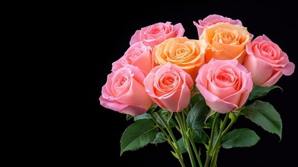 A bouquet of colorful roses in full bloom, set against a soft black background