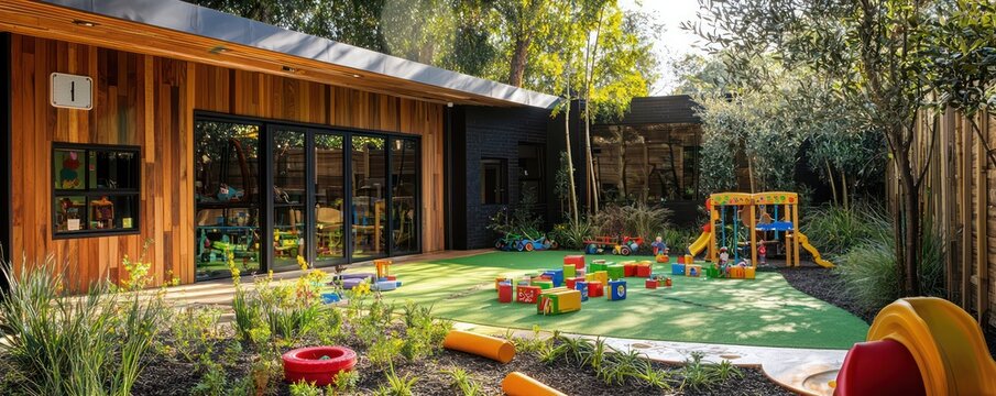 A green-certified children's daycare with toys made from sustainable materials and an outdoor play area with native plants and recycled rubber surfacing