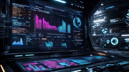 Obraz premium Futuristic control panel displaying data graphs and analytics in a digital environment.