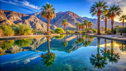 Obraz premium Palm Trees Reflected in a Pool of Tranquility, Mountains as a Backdrop