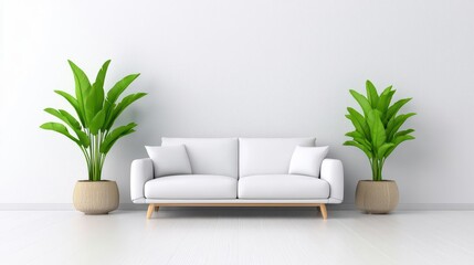 A bright and airy living room featuring neutral furniture, cozy textiles, and vibrant green plants adding a natural touch to the modern decor