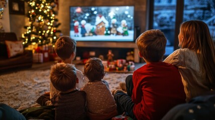 Family Watching Christmas Movie Together in Cozy Living Room