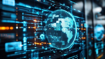 Fototapeta premium Futuristic digital globe with data visualization elements on a dark background.