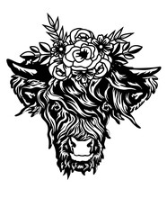 Floral Highland Cow | Highland Cow | Floral Cow | Dairy Farm Animal | Highland Cow Head | Cow Face | Farm Animal | Cow Face w/Flower | Original Illustration | Vector and Clipart | Cutfile and Stencil