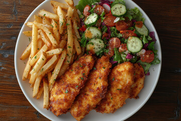 a plate of crispy, golden chicken tenders and seasoned fries. AI generative.