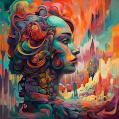 A vibrant, abstract portrait of a woman surrounded by colorful landscapes.