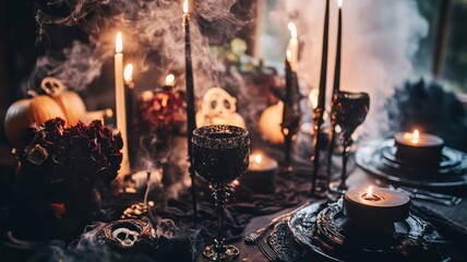 A Spooky Halloween Table Setting with Candles and Smoke