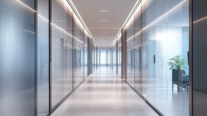 Modern office corridor featuring glass walls, sleek design, and natural light, creating an inviting professional atmosphere.