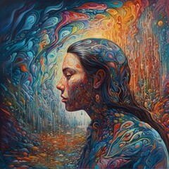 A vibrant, abstract portrait of a woman surrounded by colorful patterns.