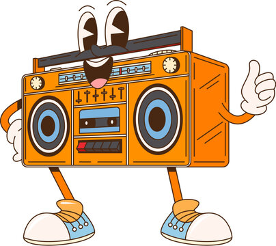 Cartoon retro groovy tape recorder character featuring classic design with buttons, dials, and speakers. Isolated vector vintage boombox personage in sneakers and gloves, smiles and flashing thumbs-up