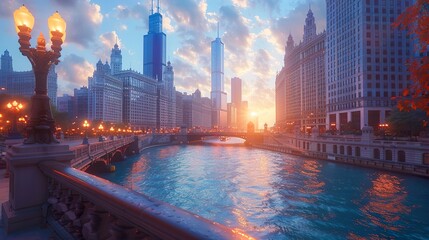 Fototapeta premium Chicago Skyline at Sunset - Riverfront Architecture and City Lights