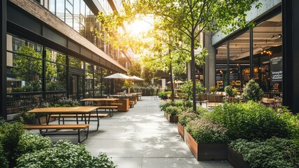 Obraz premium Modern outdoor patio with wooden tables and chairs, surrounded by greenery and sunlight streaming through the trees.