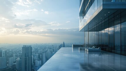 Obraz premium Modern rooftop terrace overlooking a city skyline with a hazy sky.