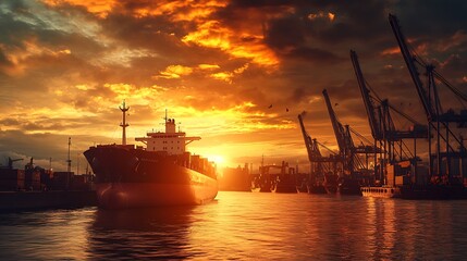 Obraz premium cargo ship docked at a bustling port, surrounded by cranes and containers, representing the global transport and shipping industry, with a dynamic sky overhead
