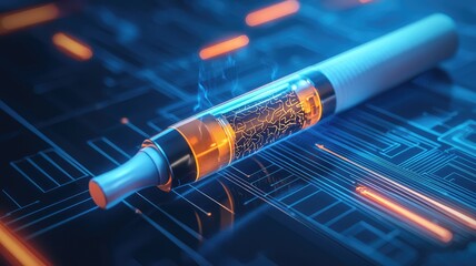 Modern vape device illuminated in a futuristic setting, showcasing advanced technology and sleek design.