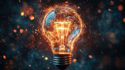 Glowing light bulb with sparks, on a dark background, illuminating creativity.